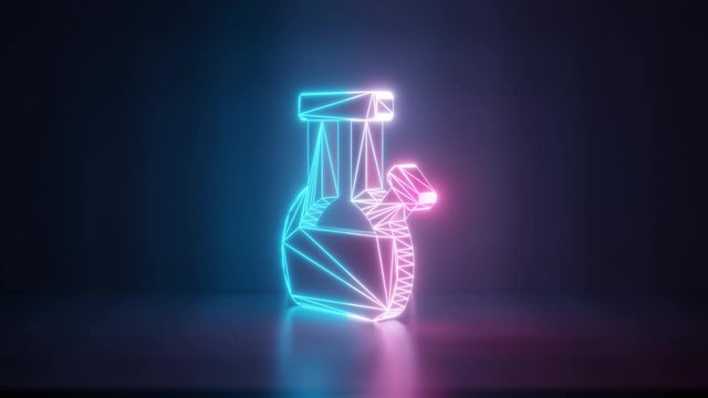 3d rendering glowing blue purple neon laser light with wireframe symbol of bong in empty space corner seamless fade animation