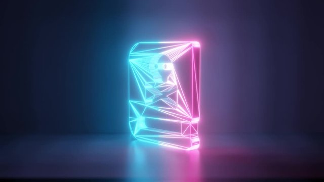 3d rendering glowing blue purple neon laser light with wireframe symbol of book dead in empty space corner seamless fade animation