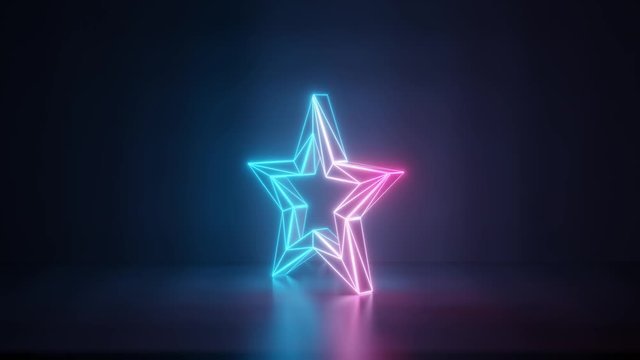 3d rendering glowing blue purple neon laser light with wireframe symbol of bookmark star button in empty space corner seamless fade animation