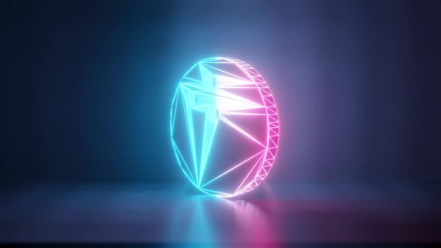 3d rendering glowing blue purple neon laser light with wireframe symbol of bowling ball in empty space corner seamless fade animation