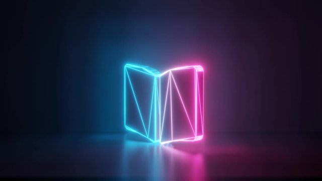 3d rendering glowing blue purple neon laser light with wireframe symbol of book open in empty space corner seamless fade animation