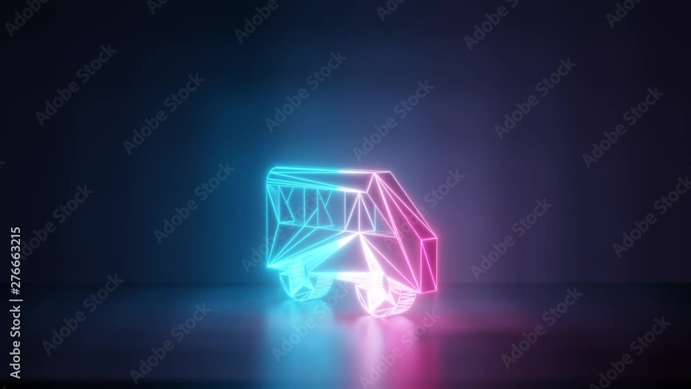 Poster 3d rendering glowing blue purple neon laser light with wireframe symbol of side view of a bus in emp