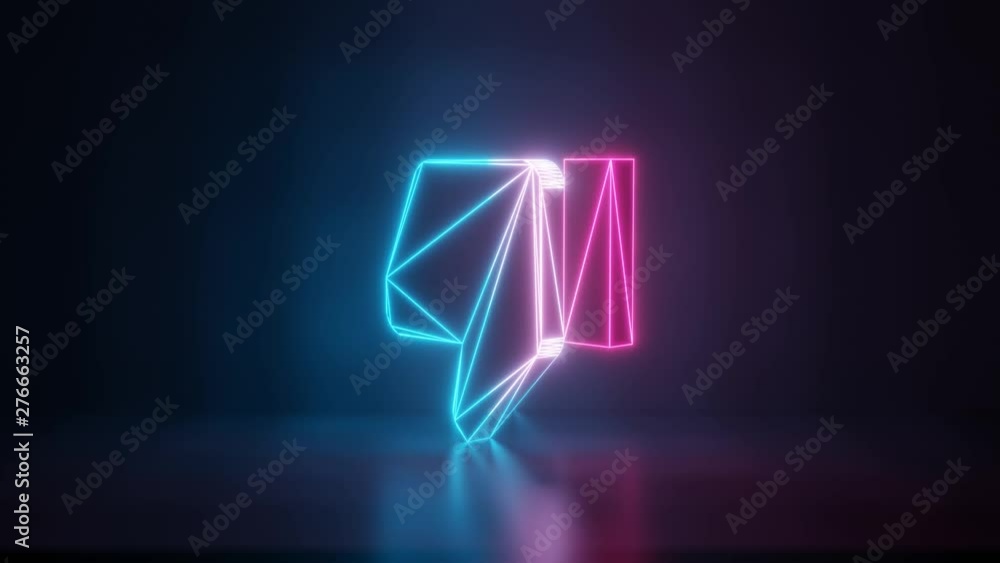 Poster 3d rendering glowing blue purple neon laser light with wireframe symbol of thumbs down in empty spac