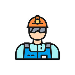 Vector industrial worker, engineer, builder, miner flat color line icon.