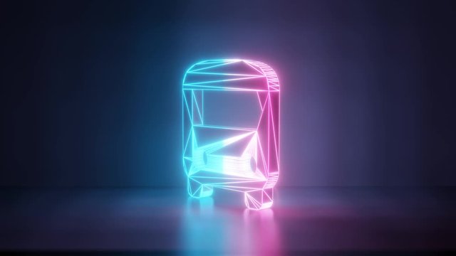 3d rendering glowing blue purple neon laser light with wireframe symbol of front view of a bus in empty space corner seamless fade animation