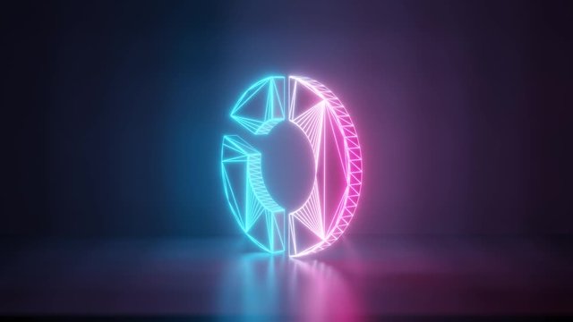 3d rendering glowing blue purple neon laser light with wireframe symbol of pie chart with two slices in empty space corner seamless fade animation