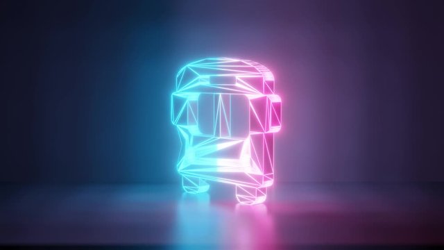 3d rendering glowing blue purple neon laser light with wireframe symbol of bus in empty space corner seamless fade animation
