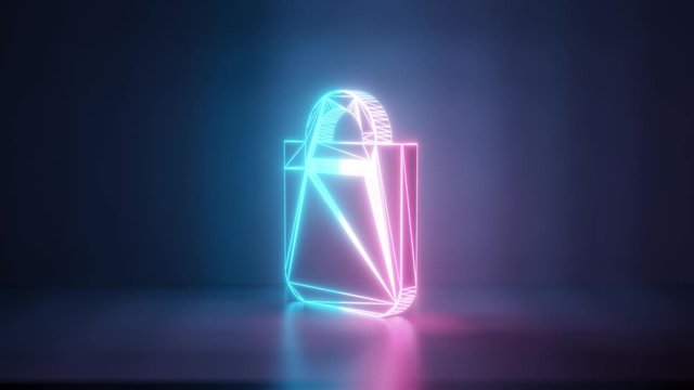 3d rendering glowing blue purple neon laser light with wireframe symbol of fashion bag in empty space corner seamless fade animation