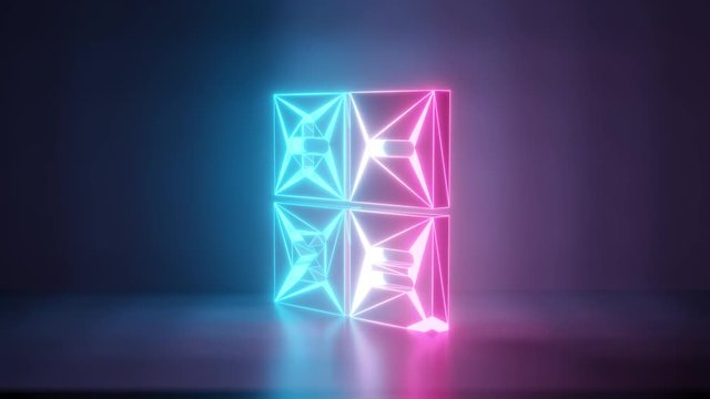 3d rendering glowing blue purple neon laser light with wireframe symbol of basic number operations of calculator in empty space corner seamless fade animation