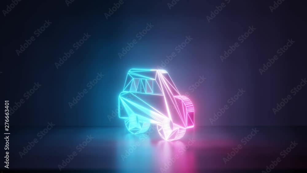 Poster 3d rendering glowing blue purple neon laser light with wireframe symbol of car side in empty space c