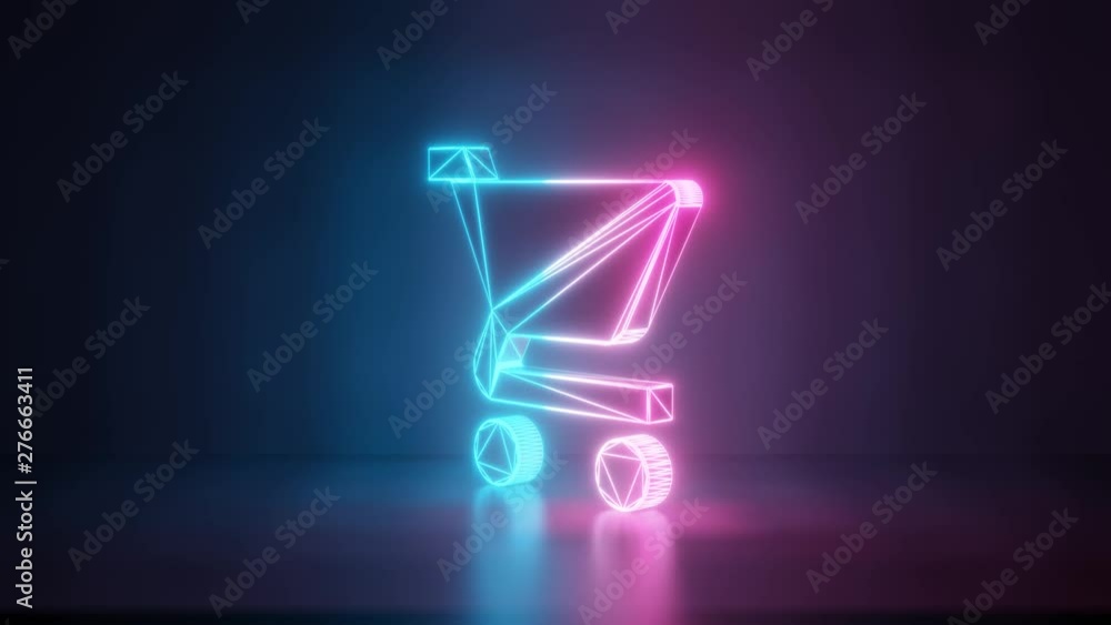 Poster 3d rendering glowing blue purple neon laser light with wireframe symbol of cart in empty space corne