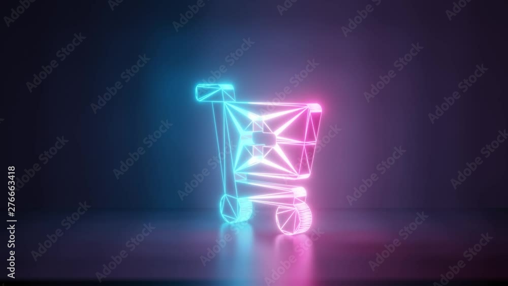 Poster 3d rendering glowing blue purple neon laser light with wireframe symbol of cart plus in empty space 