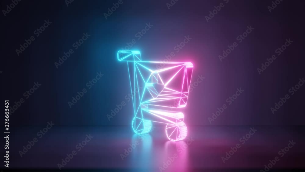 Poster 3d rendering glowing blue purple neon laser light with wireframe symbol of cart arrow down in empty 