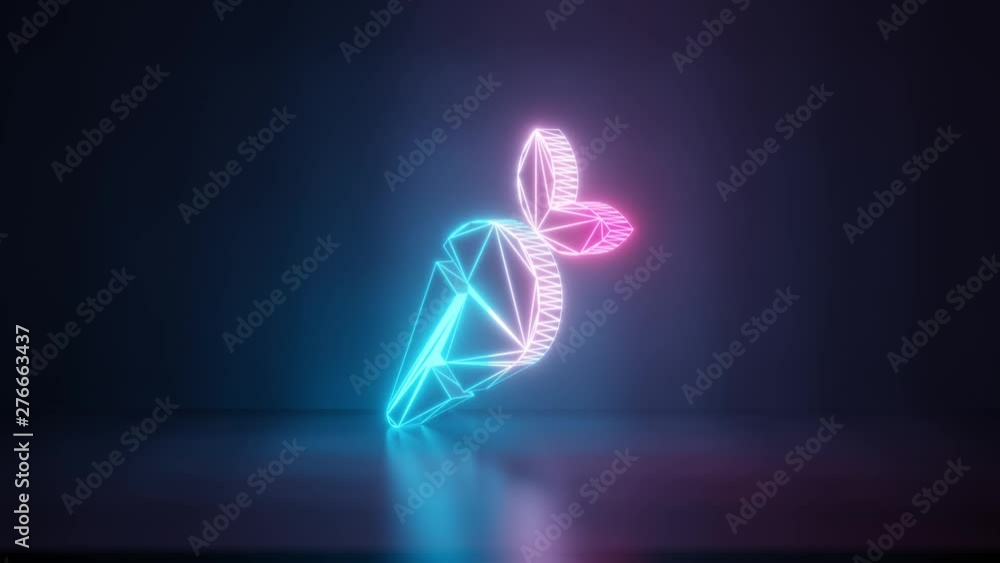 Poster 3d rendering glowing blue purple neon laser light with wireframe symbol of carrot in empty space cor