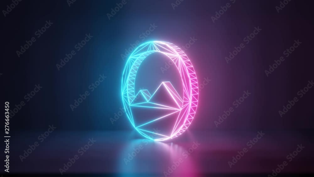 Poster 3d rendering glowing blue purple neon laser light with wireframe symbol of circle with mountains on 