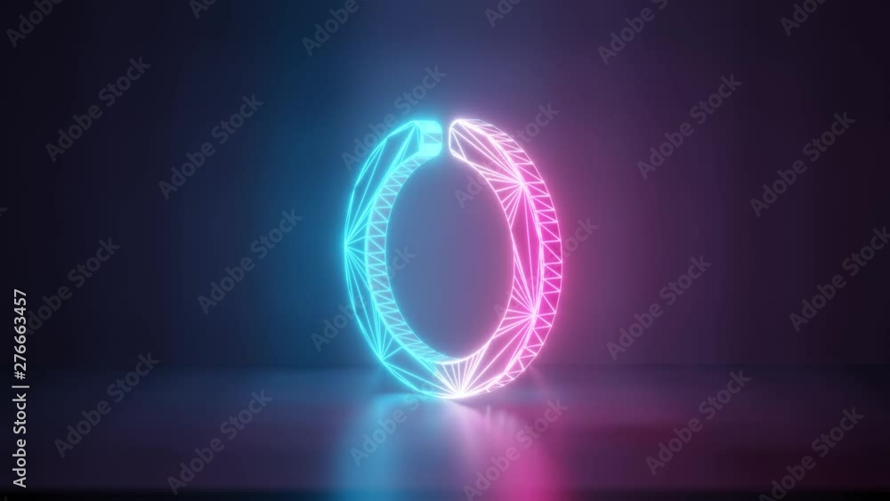 Poster 3d rendering glowing blue purple neon laser light with wireframe symbol of circle notch in empty spa