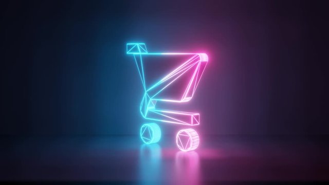 3d rendering glowing blue purple neon laser light with wireframe symbol of cart in empty space corner seamless fade animation