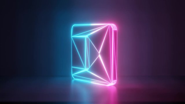 3d rendering glowing blue purple neon laser light with wireframe symbol of caret square right in empty space corner seamless fade animation