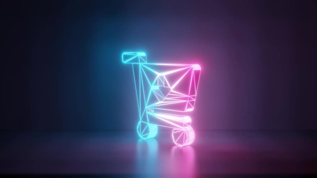 3d rendering glowing blue purple neon laser light with wireframe symbol of cart arrow down in empty space corner seamless fade animation