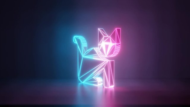 3d rendering glowing blue purple neon laser light with wireframe symbol of cat in empty space corner seamless fade animation