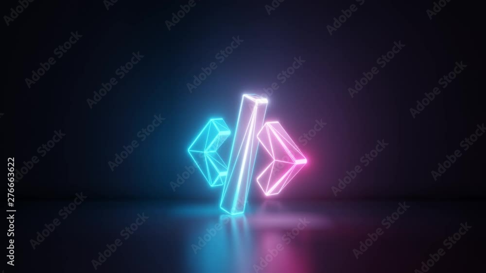 Poster 3d rendering glowing blue purple neon laser light with wireframe symbol of code tag in empty space corner seamless fade animation