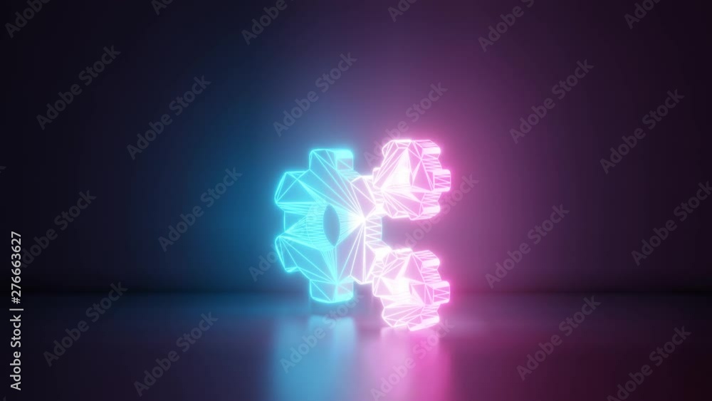 Poster 3d rendering glowing blue purple neon laser light with wireframe symbol of big cogwheel and two smal