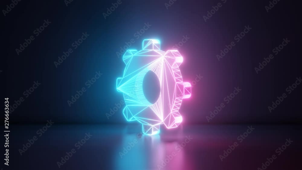 Poster 3d rendering glowing blue purple neon laser light with wireframe symbol of cogwheel in empty space c