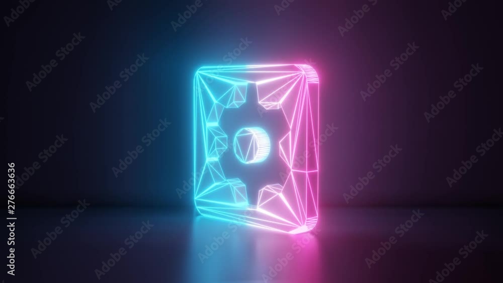 Poster 3d rendering glowing blue purple neon laser light with wireframe symbol of one cogwheel in square wi