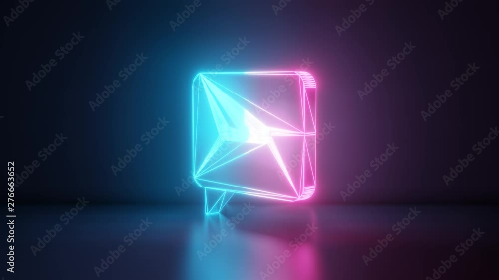 Poster 3d rendering glowing blue purple neon laser light with wireframe symbol of rectangular chat bubble w