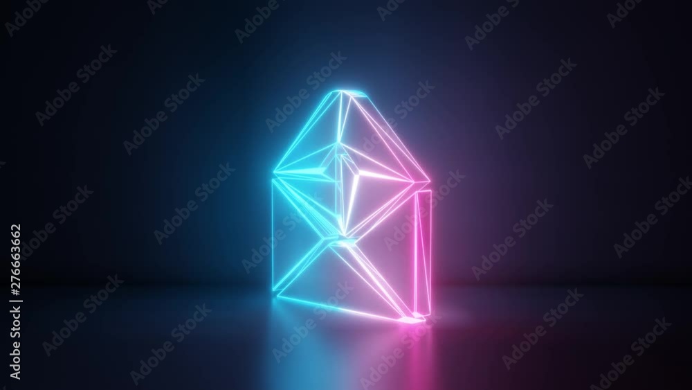 Poster 3d rendering glowing blue purple neon laser light with wireframe symbol of paper open envelope with 