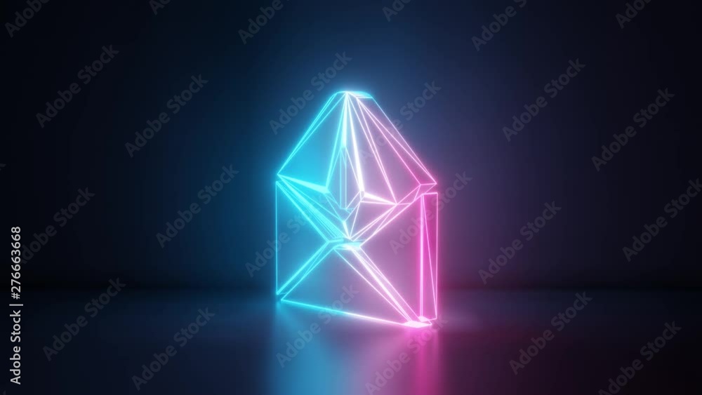 Poster 3d rendering glowing blue purple neon laser light with wireframe symbol of paper open envelope with 