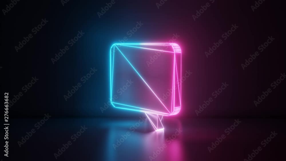 Poster 3d rendering glowing blue purple neon laser light with wireframe symbol of rectangular chat bubble i