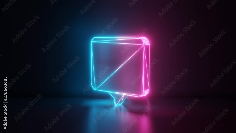 Poster 3d rendering glowing blue purple neon laser light with wireframe symbol of rectangular chat bubble i