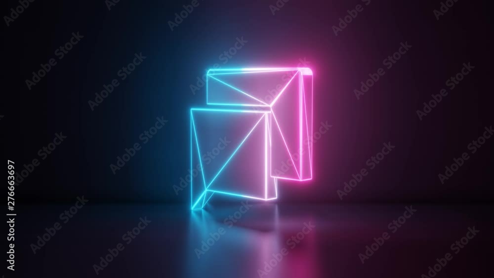 Poster 3d rendering glowing blue purple neon laser light with wireframe symbol of two rectangular chat bubb