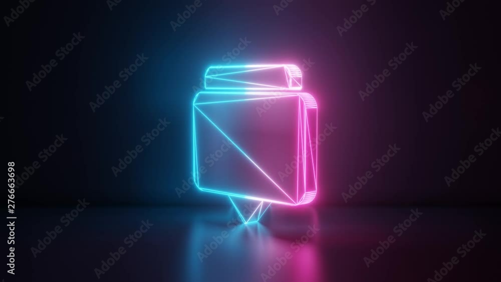 Poster 3d rendering glowing blue purple neon laser light with wireframe symbol of two rectangular chat bubb