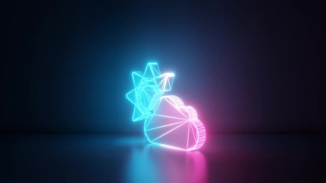 3d rendering glowing blue purple neon laser light with wireframe symbol of cloud partly cover sun in empty space corner seamless fade animation