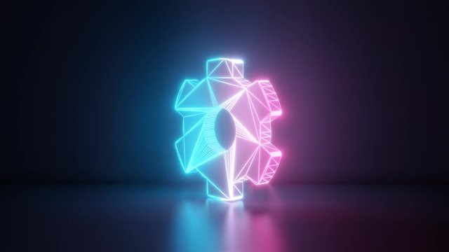 3d rendering glowing blue purple neon laser light with wireframe symbol of cogwheel in empty space corner seamless fade animation