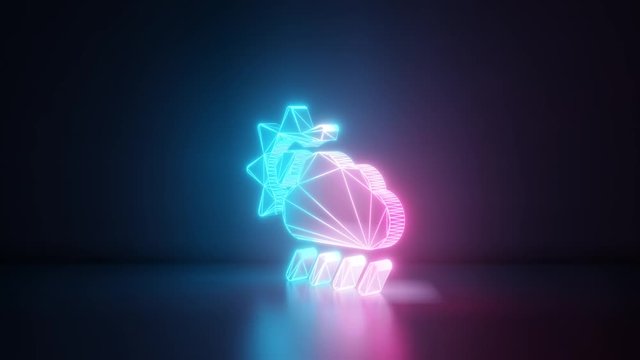 3d rendering glowing blue purple neon laser light with wireframe symbol of rainy cloud partly cover sun in empty space corner seamless fade animation