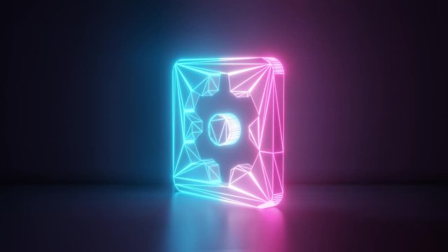 3d rendering glowing blue purple neon laser light with wireframe symbol of one cogwheel in square with rounded corner in empty space corner seamless fade animation