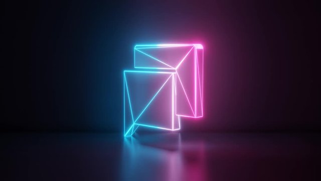 3d rendering glowing blue purple neon laser light with wireframe symbol of two rectangular chat bubbles in empty space corner seamless fade animation