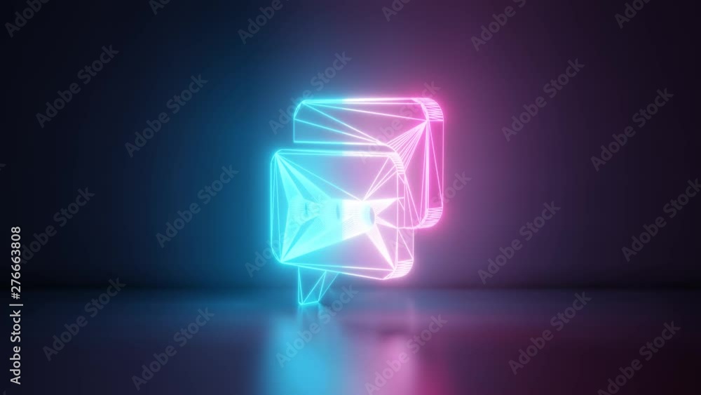 Poster 3d rendering glowing blue purple neon laser light with wireframe symbol of two rectangular rounded c