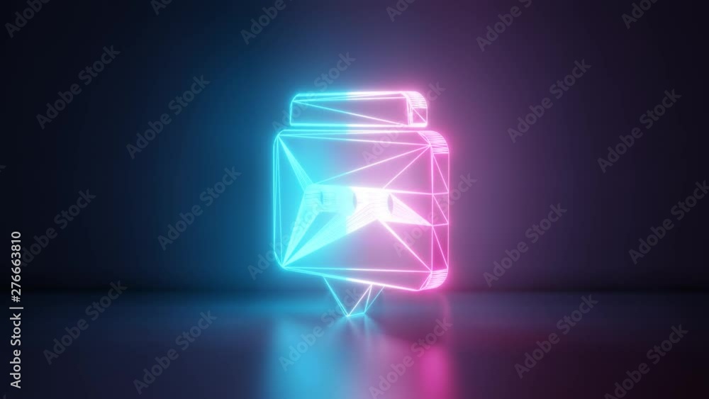Poster 3d rendering glowing blue purple neon laser light with wireframe symbol of two rectangular rounded c
