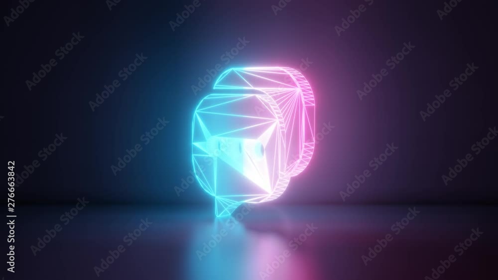 Poster 3d rendering glowing blue purple neon laser light with wireframe symbol of two rectangular rounded c