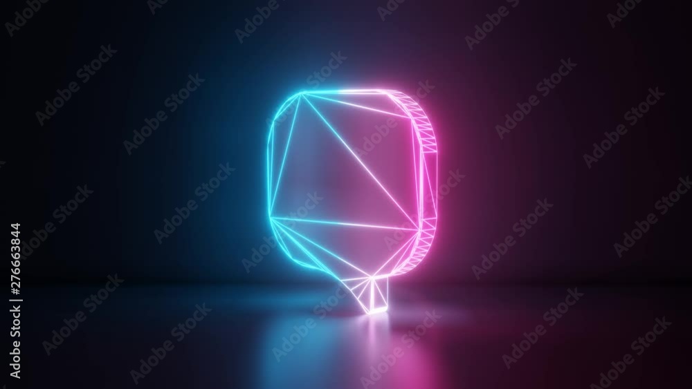 Poster 3d rendering glowing blue purple neon laser light with wireframe symbol of rounded chat bubble right