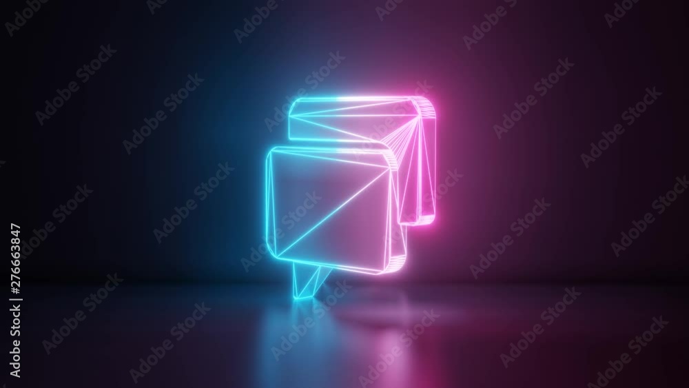 Poster 3d rendering glowing blue purple neon laser light with wireframe symbol of two rectangular rounded c