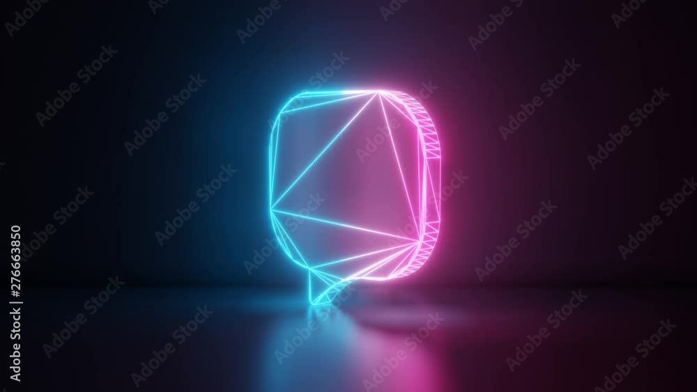 Poster 3d rendering glowing blue purple neon laser light with wireframe symbol of rounded chat bubble left 