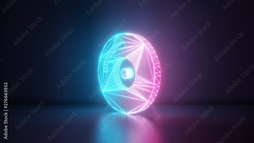 Poster 3d rendering glowing blue purple neon laser light with wireframe symbol of compact disc in empty spa