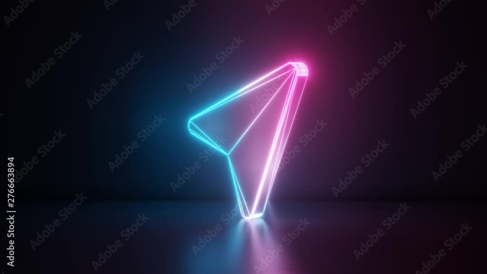 Poster 3d rendering glowing blue purple neon laser light with wireframe symbol of compass arrow in empty sp