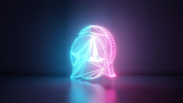3d rendering glowing blue purple neon laser light with wireframe symbol of two rounded chat bubbles with three dots in empty space corner seamless fade animation