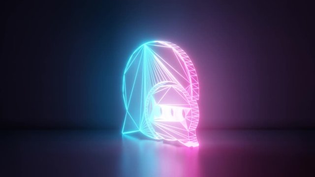 3d rendering glowing blue purple neon laser light with wireframe symbol of two rounded chat bubbles with three dots in empty space corner seamless fade animation